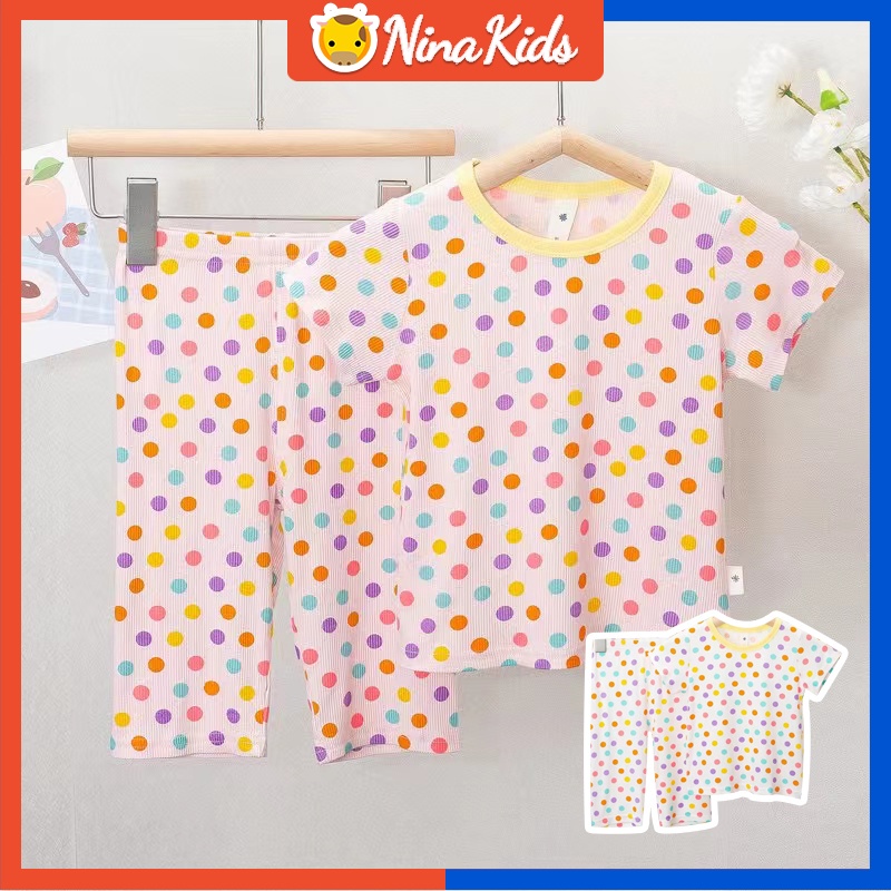 Set Áo Thun Tay Ngắn &amp; Quần Short Chấm Bi Cho Bé Gái Từ 1-8 Tuổi