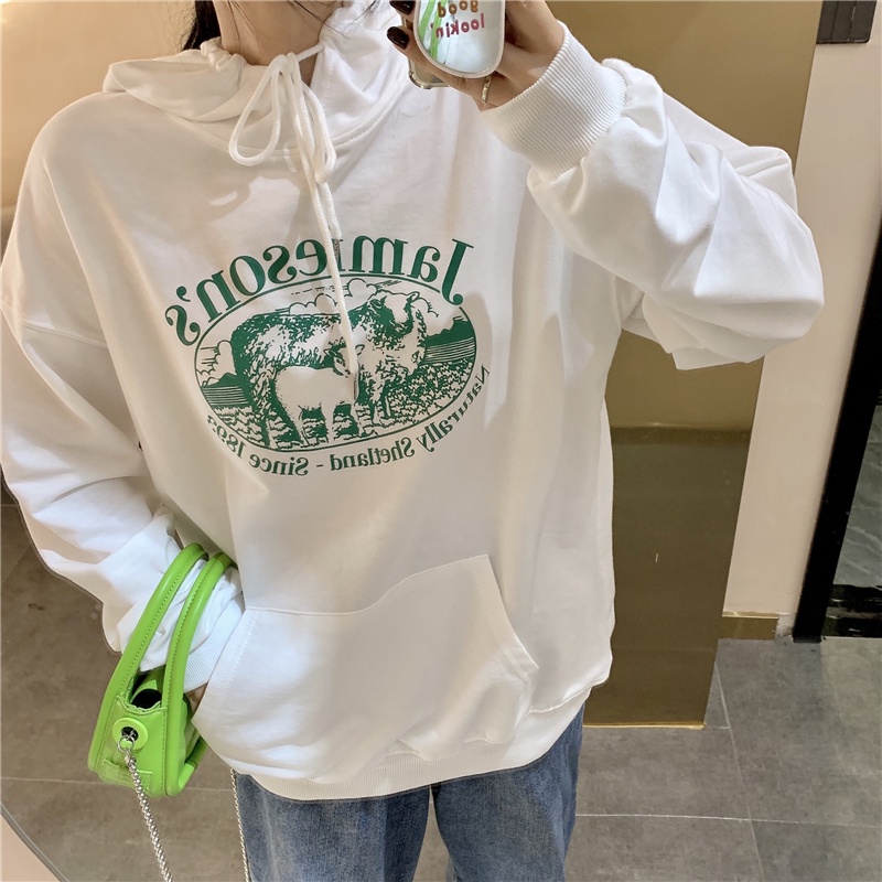 Áo Hoodie Form Rộng Họa Tiết In Theo Phong Cách Preppy Dễ Phối Đồ