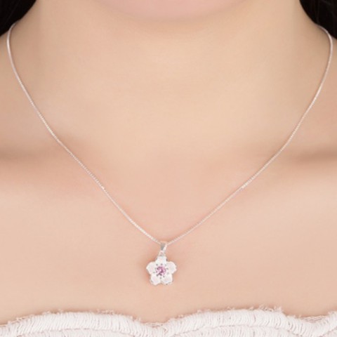 [Bạch Kim] Dây Chuyền Bạch Kim Cao Cấp Mặt Hoa Anh Đào Nhụy Hồng Sunni Jewelry - Tặng Kèm Giấy Lau Trang Sức