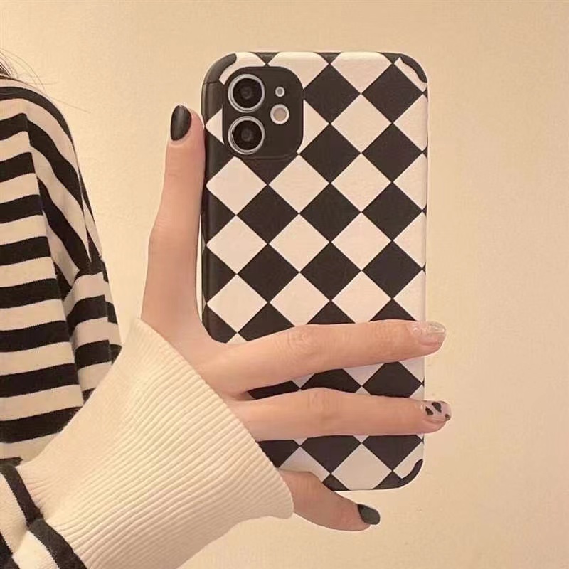 Ốp Điện Thoại Da Viền Vuông Họa Tiết Ô Vuông Sang Trọng Cho iPhone 13 12 11 Pro Max X Xs Xr 7 8 Plus