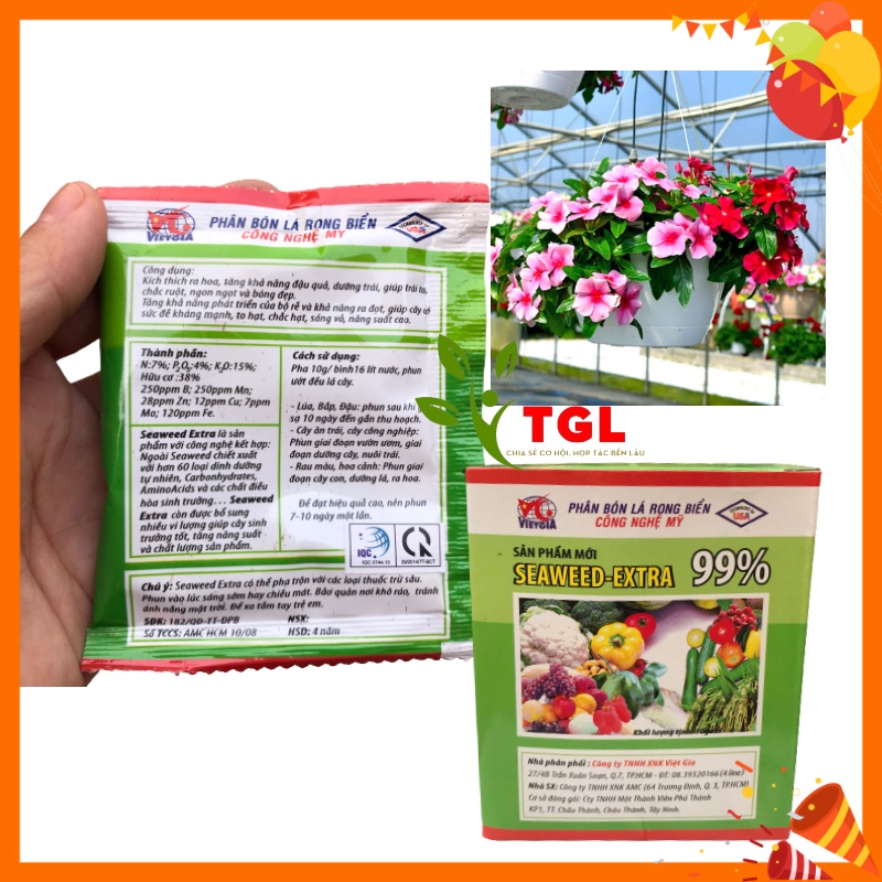 Phân Bón Lá Rong Biển SEAWEED-EXTRA 99% - Phân bón rong biển kích thích ra hoa, chống rụng hoa, tăng đậu quả, Gói 10gr