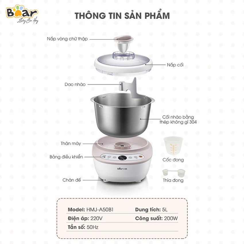 Máy Nhồi Trộn Bột Tự Động Bear dung tích 3.5L, 5L, 7L (Hàng chính hãng 1 đổi 1 trong 30 ngày, bảo hành 18 tháng)