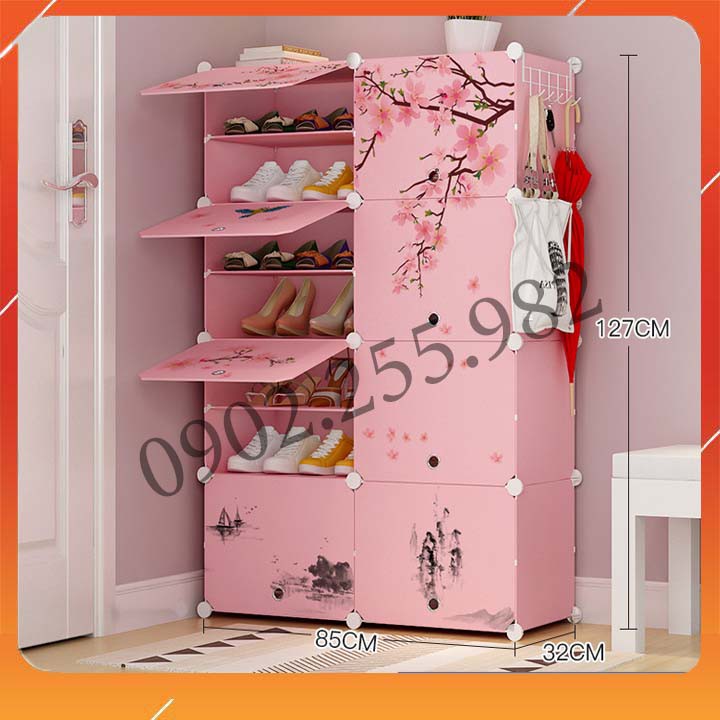 TỦ NHỰA LẮP GHÉP ĐỂ GIÀY 18 Ô (chia ô) ĐA NĂNG ĐỂ ĐƯỢC 36 ĐÔI GIÀY.BỘ HỒNG HỌA TIẾT TỰ CHỌN