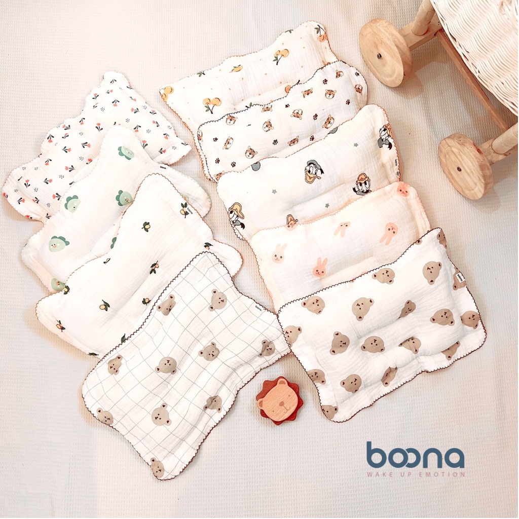 Gối chặn BOONA xô Muslin mềm mại, ruột gối bông tự nhiên cao cấp, giữ phom cho bé ngủ ngon