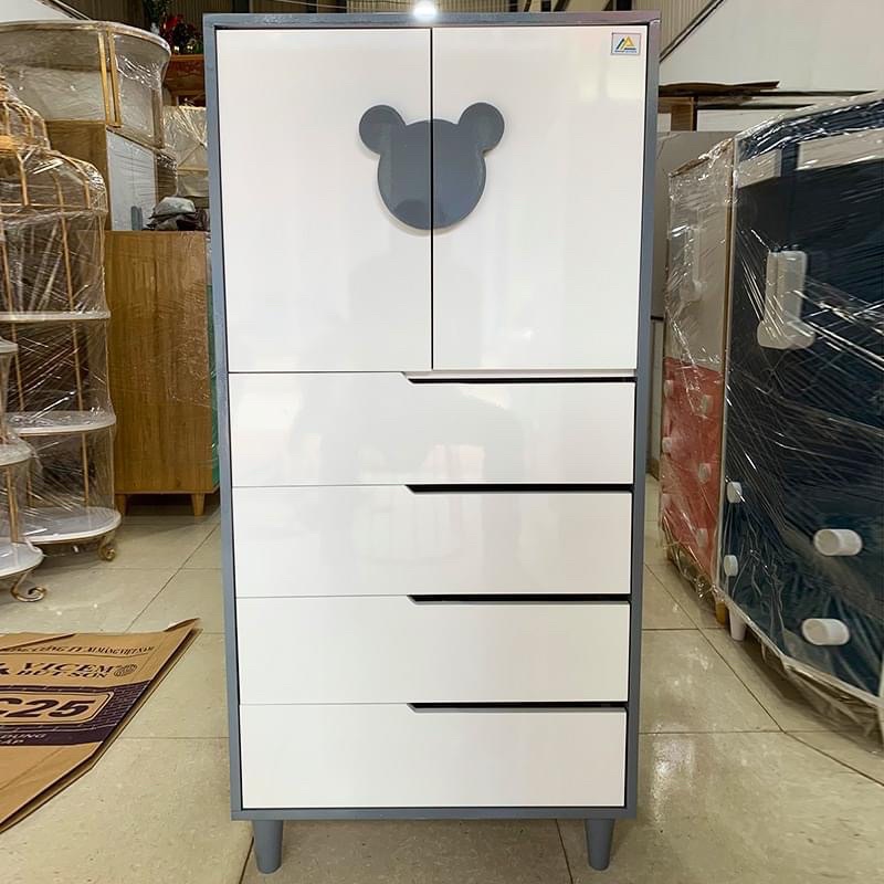 Tủ quần áo trẻ em dễ thương đơn gấu trắng gỗ MDF phủ Melamin