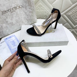Giày cao gót nữ Sandal jimmy choo quai đá da lộn màu đen gót cao
