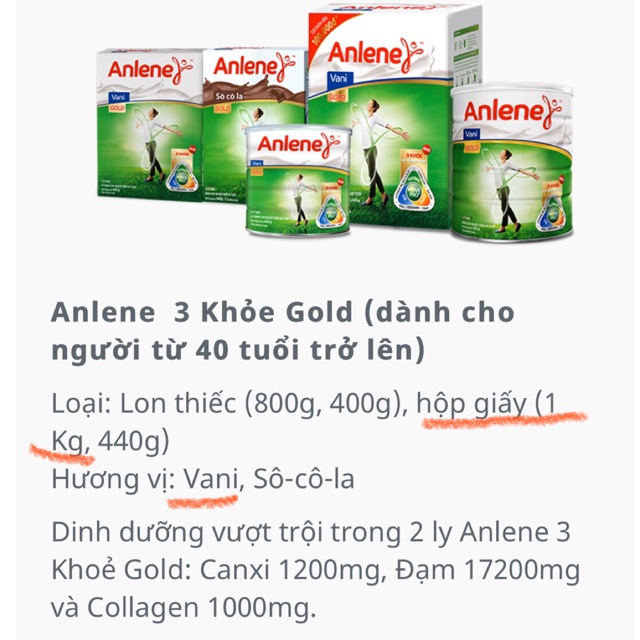 Sữa Anlene 3 khoẻ Gold vị vani hộp giấy 1 ký dành cho người 40 tuổi trở lên