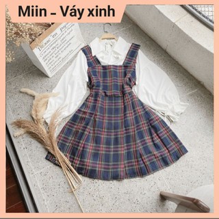 Set áo sơ mi trắng + yếm caro