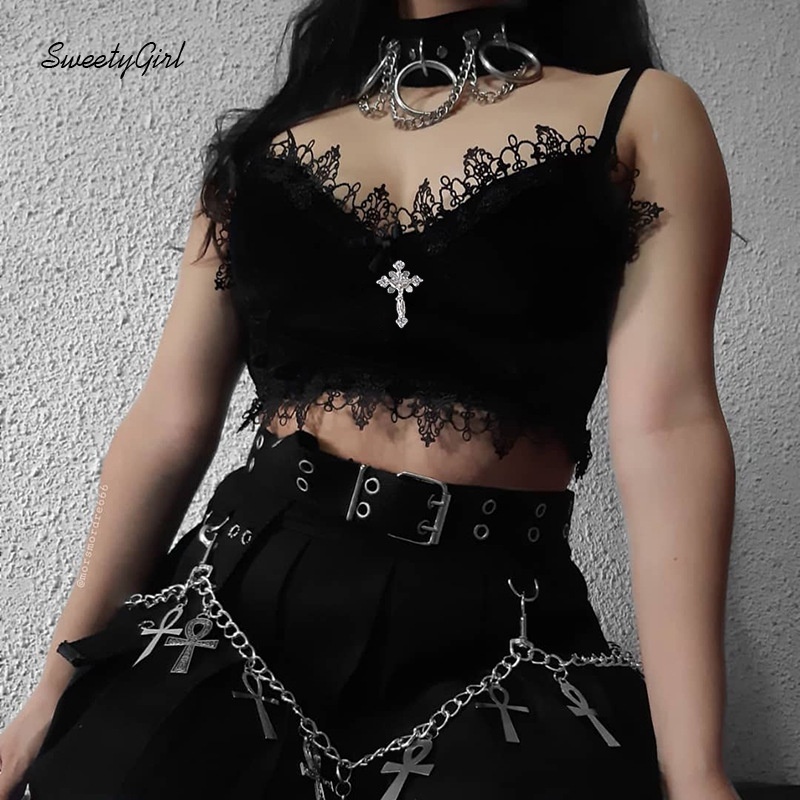 Áo hai dây cổ chữ V viền ren màu sắc ngọt ngào phong cách gothic cho nữ