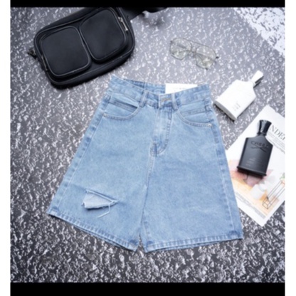 Quần short jean ống rộng, Quần bò lửng rách nhẹ kiểu màu xanh nhạt