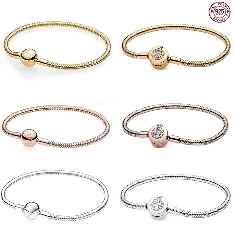 Hạt Charm Pandora Mạ Bạc 925 Hình Xương Rắn Tròn Màu Vàng Hồng Dùng Làm Vòng Tay DIY