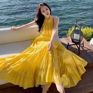 Đầm Maxi Cổ Yếm, Váy Maxi Cổ Yếm IVAV393, Chất Voan Mềm Mướt, Màu Vàng, Cho Dáng Dài Miên Man, Mẫu Hot Nhất Năm Nay