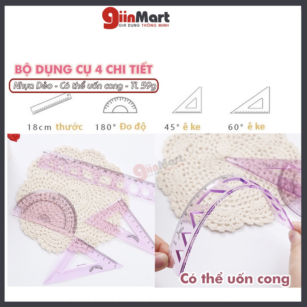 01 Bộ Dụng cụ học tập ê ke , đo độ, thước kẻ có thể uốn cong