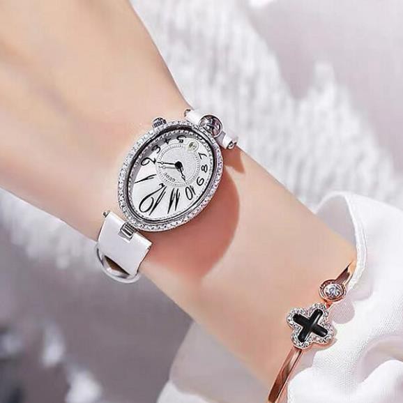 Đồng hồ nữ_ Đồng hồ Guou chính hãng chống nước hình giọt nước viền đá dây da không kim giây độc đáo