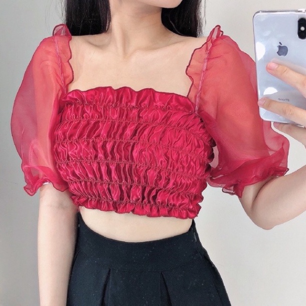 Áo croptop phối voan kiến tay phồng bo nhún co giản tốt Hình tự làm mẫu, tự chụp 100%