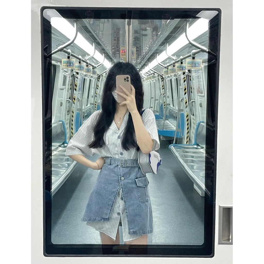 Set áo sơ mi dáng rộng kẻ sọc + chân váy denim phong cách Hàn Quốc thời trang mùa hè cho nữ có bán lẻ