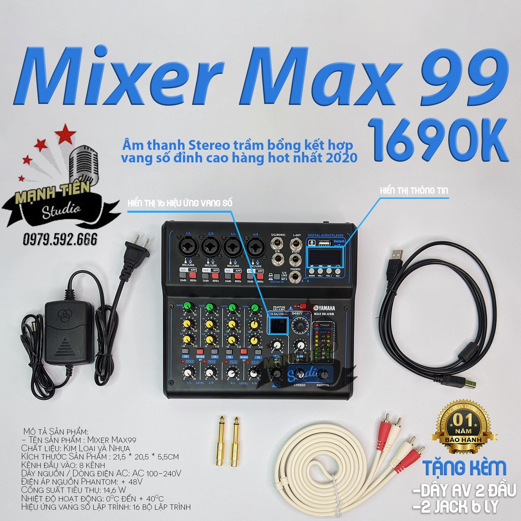 [tặng kèm dây hoa sen+ 2 jack 6 ly] Mixer Yamaha Max 99 USB bluetooth 16 chế độ vang karaoke gia đình, livestream fb