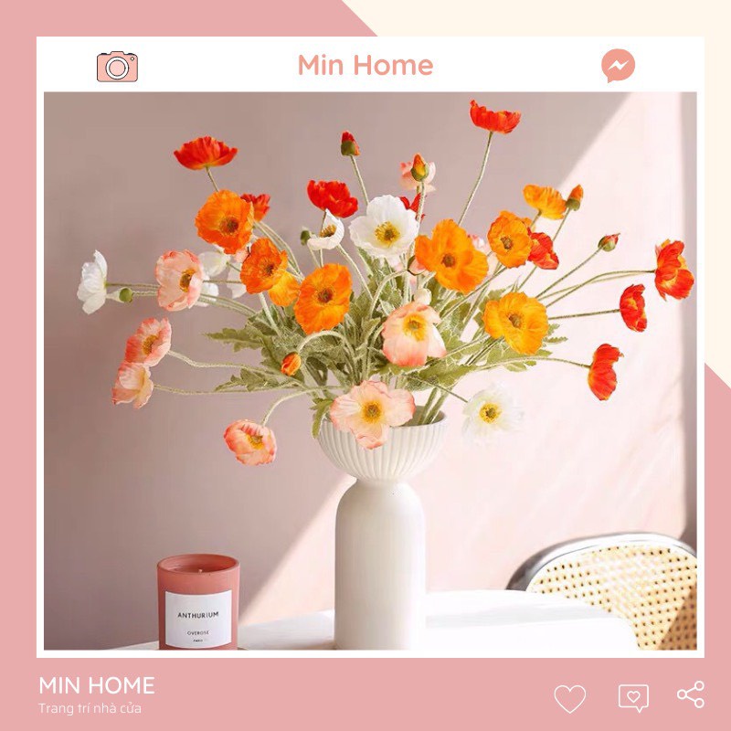 Hoa lụa cao cấp trang trí nhà cửa để bàn hoa giả decor chụp ảnh chùm hoa anh túc MinHome HG1