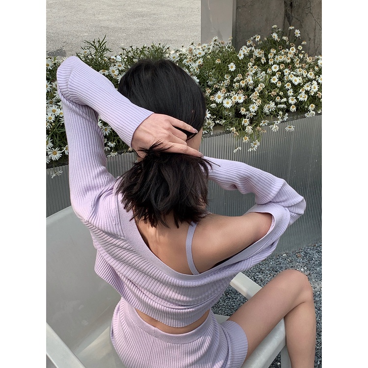 Cocory vn Áo cardigan tay dài/ Áo yếm hai dây/ Quần đùi lưng cao phong cách vintage quyến rũ thời trang dành cho nữ