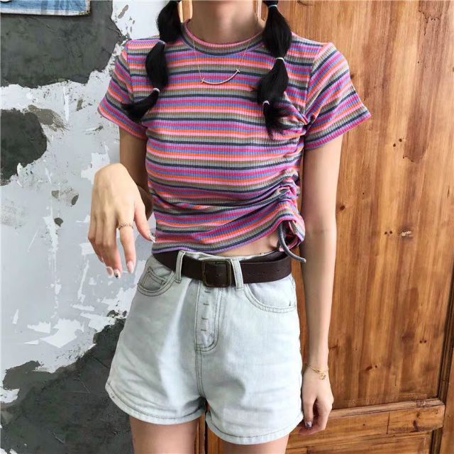 [Mã FASHIONT4WA2 giảm 10K đơn 50K] ÁO CROPTOP DÂY RÚT 1 BÊN SỌC SIÊU ĐẸP TUYẾT'S HOUSE