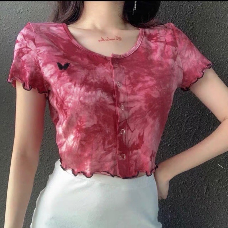 Áo Croptop Body Cổ Tròn Tay Ngắn Cúc Bấm Loang Màu Thêu Bướm  A5086