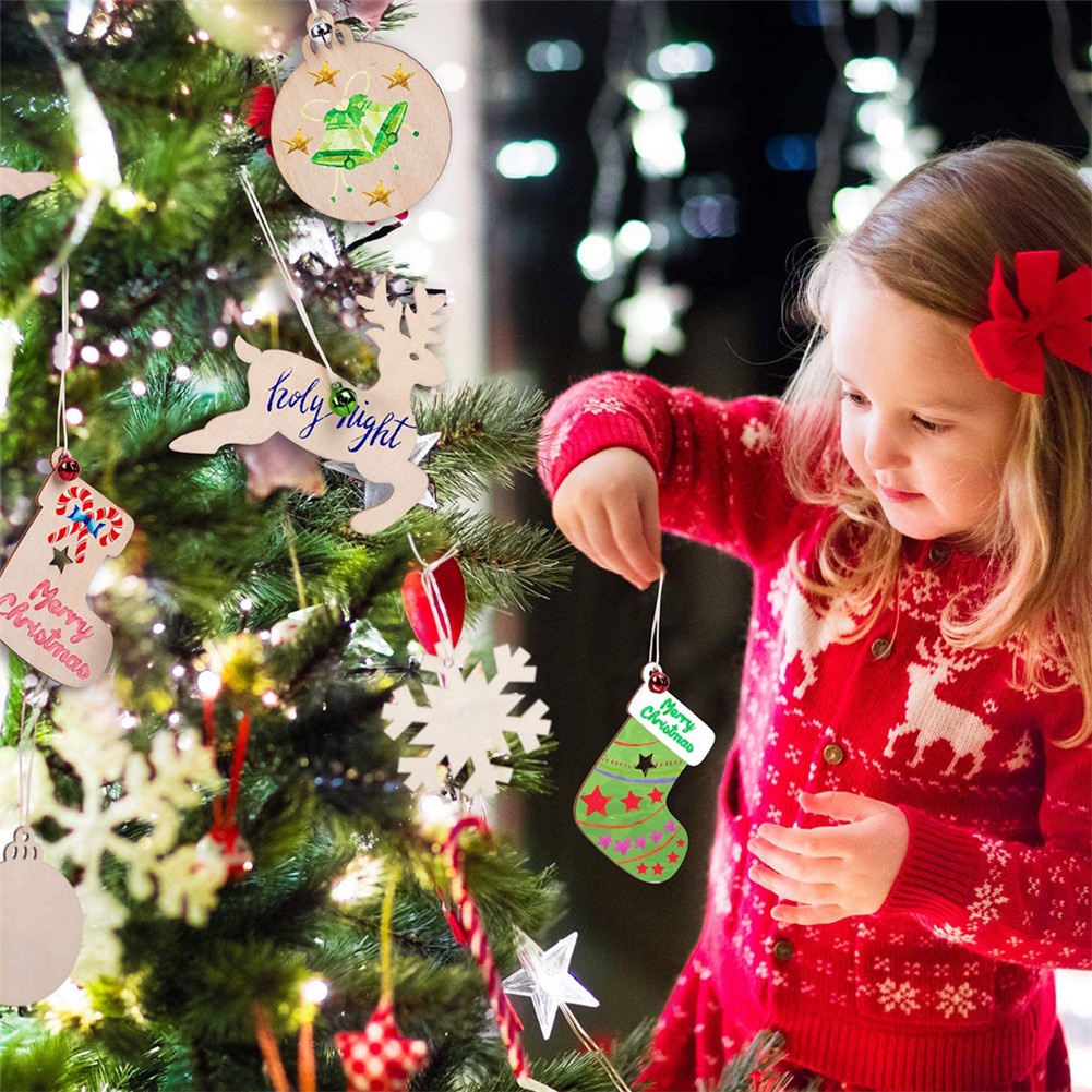 Bộ 72 phụ kiện treo trang trí cây thông noel bằng gỗ hình ngôi sao / bông tuyết / chuông đa dạng có hộp đựng