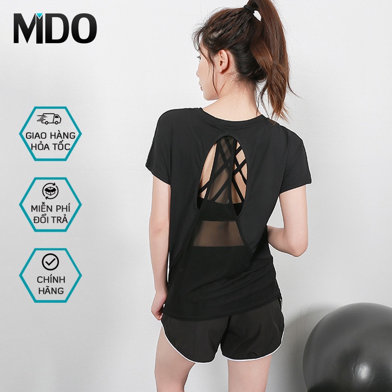 Áo thun tập gym nữ phối lưới Mido LA39, kiểu áo tập gym nữ tay ngắn phom rộng, chất liệu thoáng mát, co giãn 4 chiều