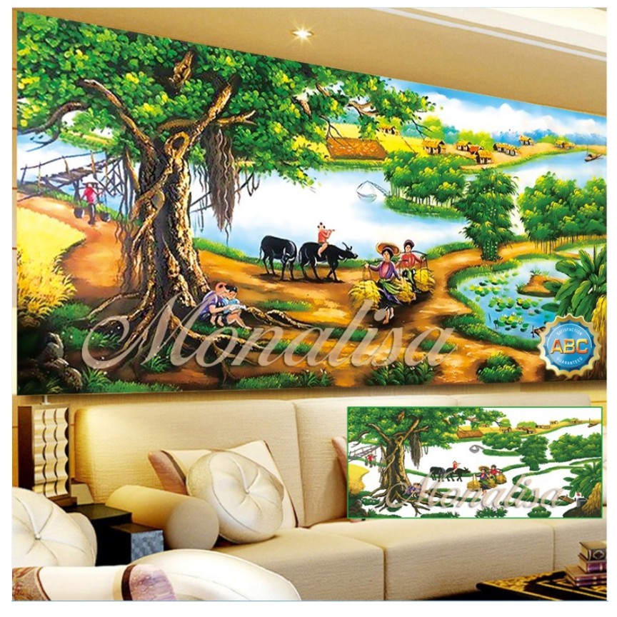 Tranh Đính Đá LÀNG QUÊ THANH BÌNH. Kích Thước: 1m20 x 60cm - 1m50 x 75cm - 2m x 95cm