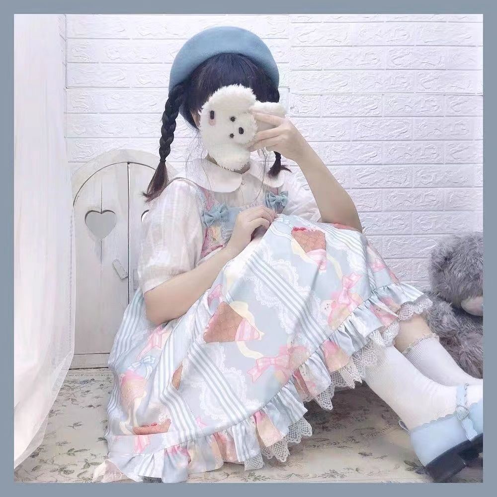 Đầm Yếm Đính Nơ Mềm Mại Phong Cách Lolita Nhật Bản Xinh Xắn Cho Bé Gái