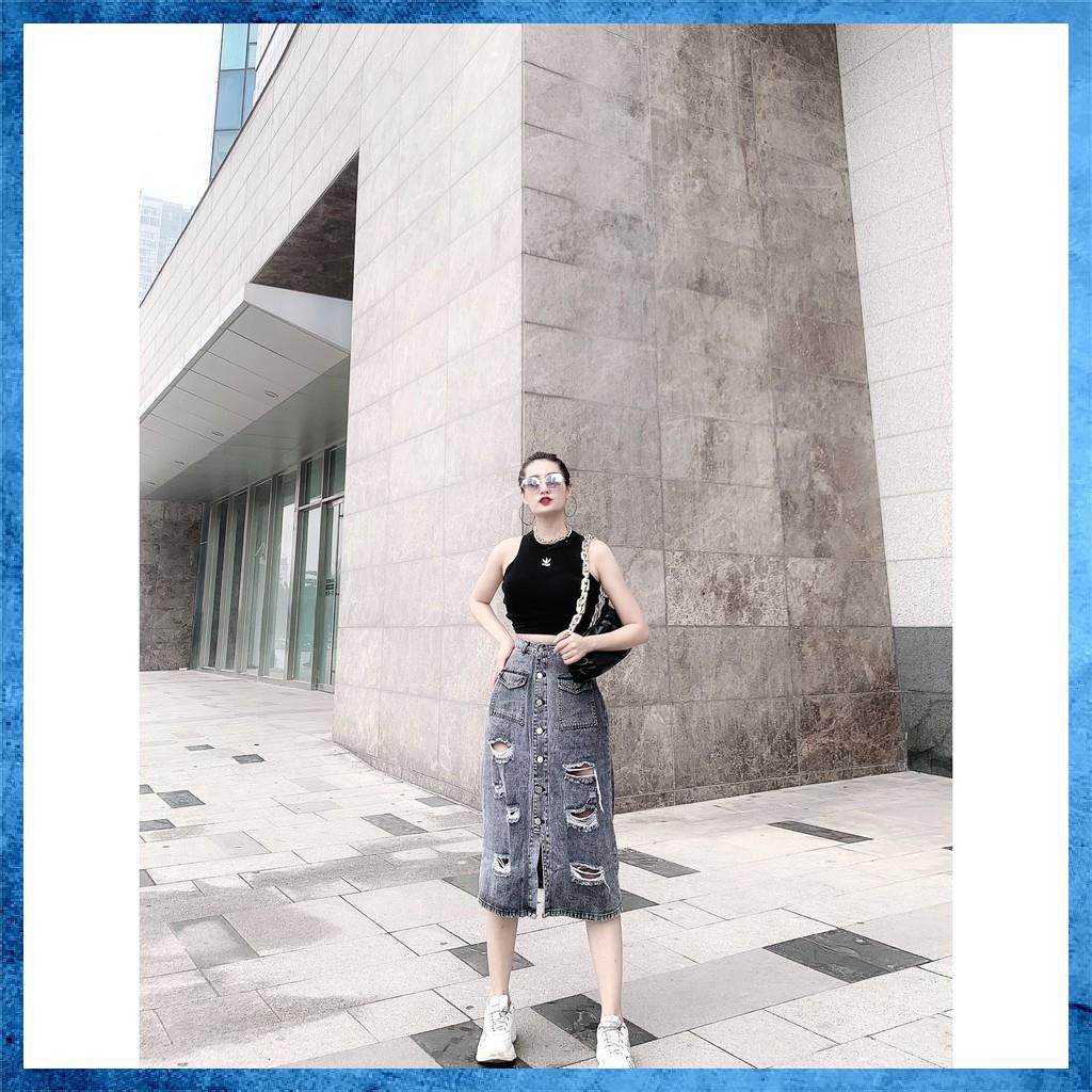 Chân váy jeans dáng dài, chân váy bò rách lưng cao túi nắp 1 khuy. Mã V0145