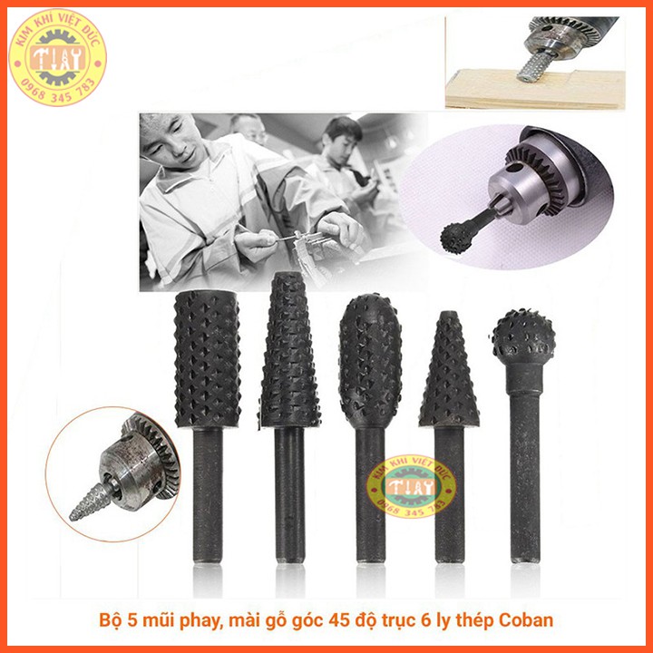 Bộ 5 đầu mũi phay mài khắc làm lũa gỗ đa năng - Mủi khoan doa lỗ lũa bonsai mini cán 6mm