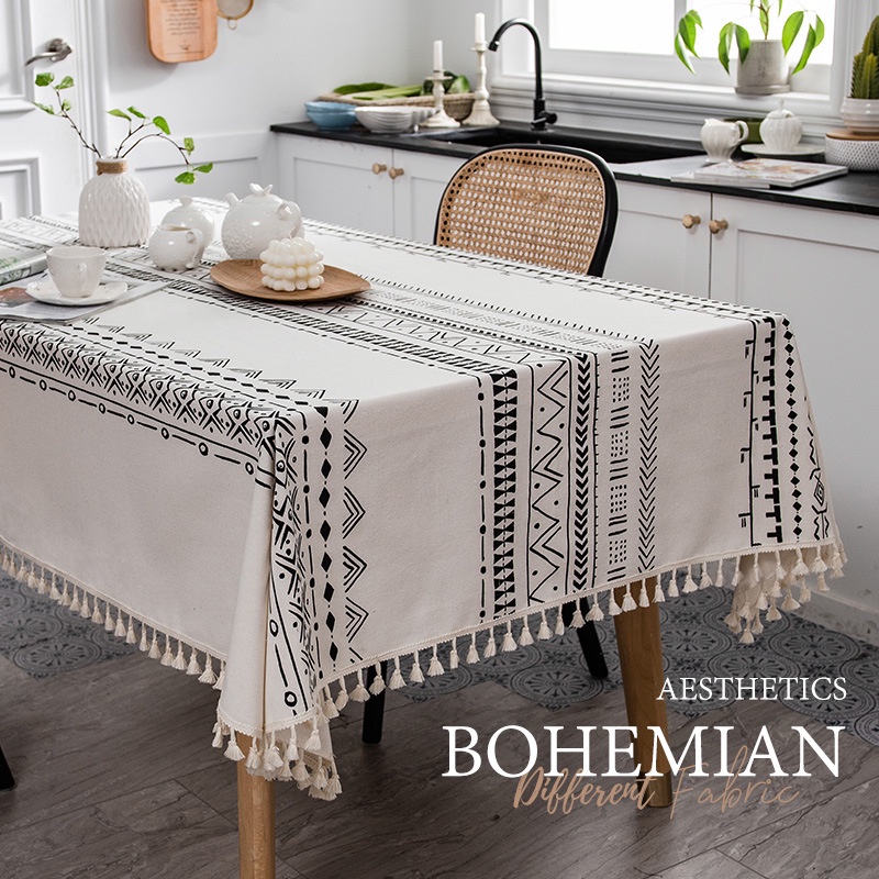 Khăn Trải Bàn Bằng Cotton Lanh Chống Nước Chống Dầu Thiết Kế Tua Rua Phong Cách Bohemian