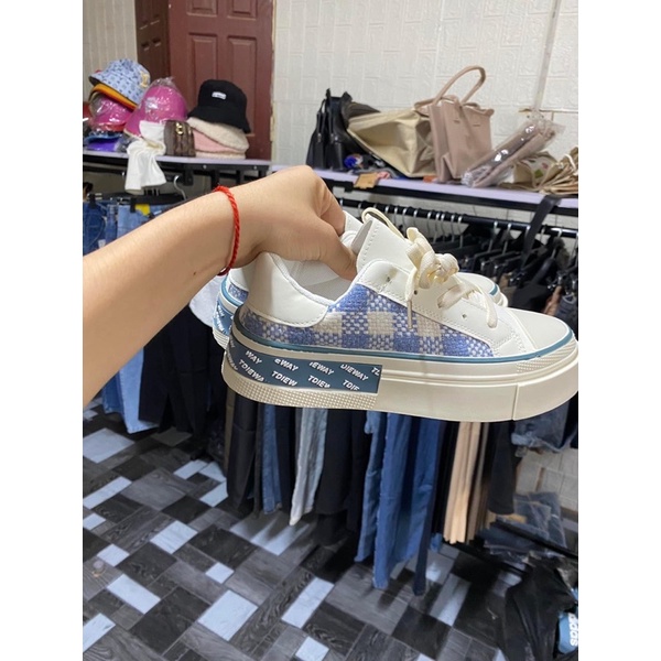 Giày thể thao nữ vải caro đan kim tuyến thời trang