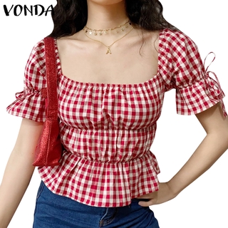 Áo croptop VONDA nhún bèo họa tiết kẻ sọc caro cổ vuông tay ngắn phong cách Hàn Quốc quyến rũ