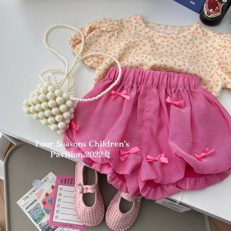 Bộ Áo Thun Tay Ngắn + Quần Short In Hoa Thời Trang Hàn Quốc Mùa Hè Cho Bé Gái 5 Món