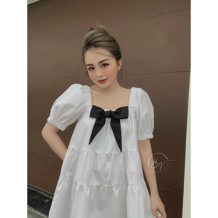 Đầm Babydoll Nơ Ngực Cổ Vuông 🌷CÓ QUÀ TẶNG🌷 Váy Nữ Tay Bồng Nhún Bèo Dáng Suông 2 Màu Trắng Nâu ,LAMASS | BigBuy360 - bigbuy360.vn