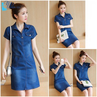 Đầm Nữ Jean Váy Bò Đi Dự Tiệc Dạo Phố Tay Cánh Dơi Cổ Sơ Mi Cao Cấp