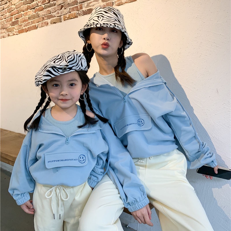 Đồ đôi mẹ con áo nỉ hoodie có mũ khóa kéo giả 2 lớp xanh pastel cực xinh - 286 (Có ảnh thật)