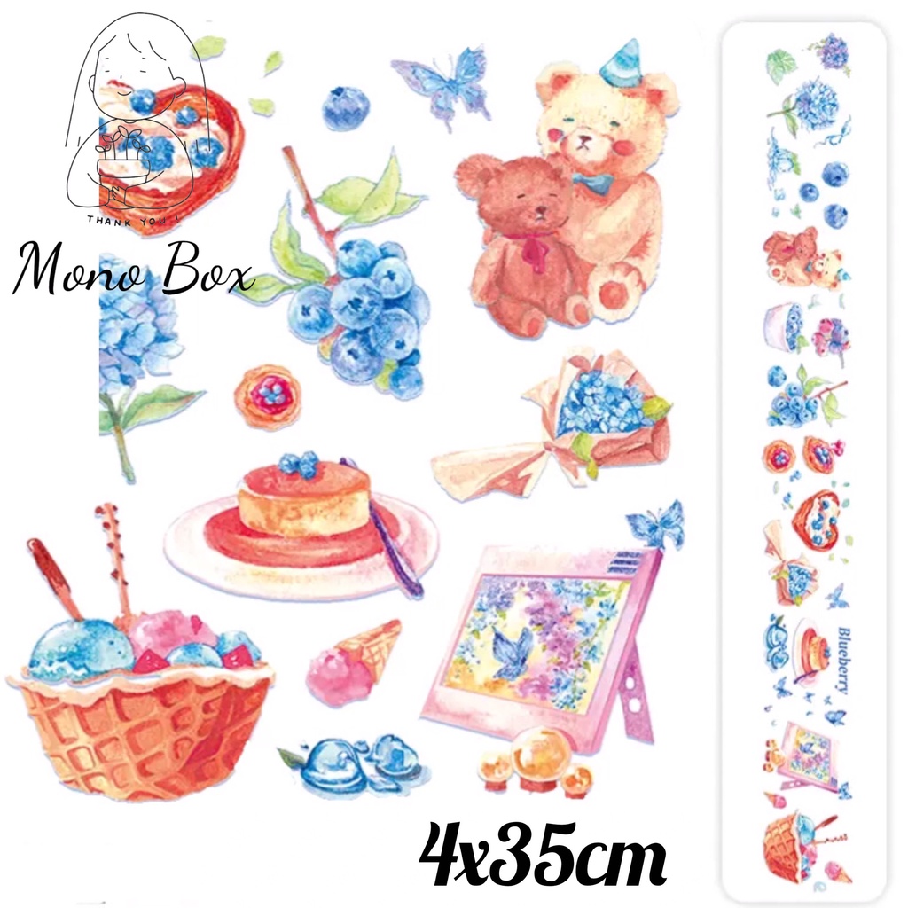 [Chiết] Đoạn Washi tape 4x35cm, băng keo dán trang trí hình việt quất làm tranh washi Mono_box