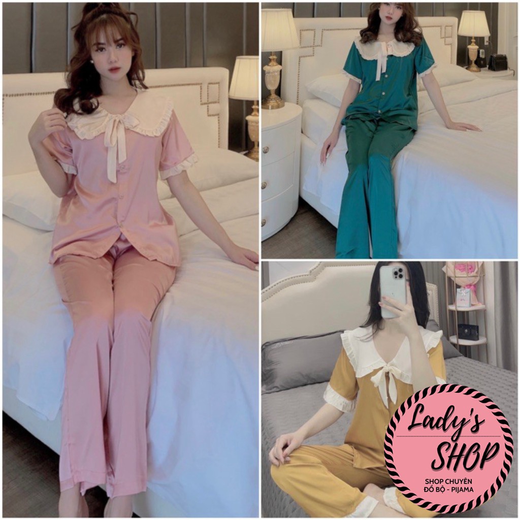 Đồ Ngủ💖Đồ Bộ Pijama Lụa Tay Ngắn-Quần Dài Chất Liệu Lụa SaTin Phối Bèo Cổ Nơ