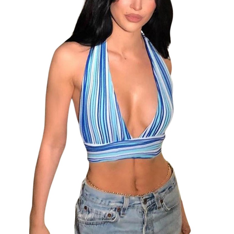 Áo Crop Top Hai Dây Cổ Chữ V Gợi Cảm Cho Nữ (Màu Hồng, Xanh Dương)
