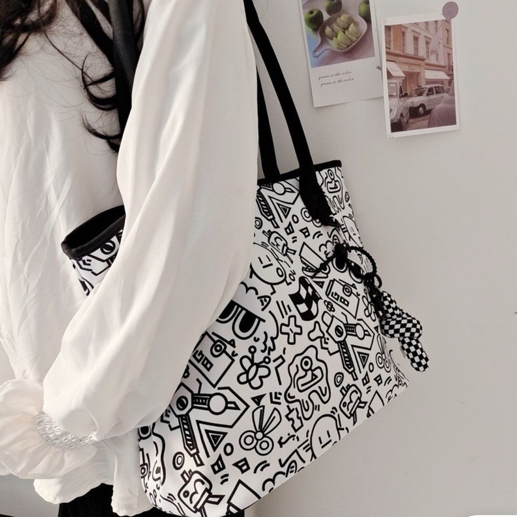 Túi tote quai xách Hazin vải canvas đeo vai sức chứa lớn hoạ tiết hoa văn phong cách Harajuku Hàn Quốc dành cho nữ