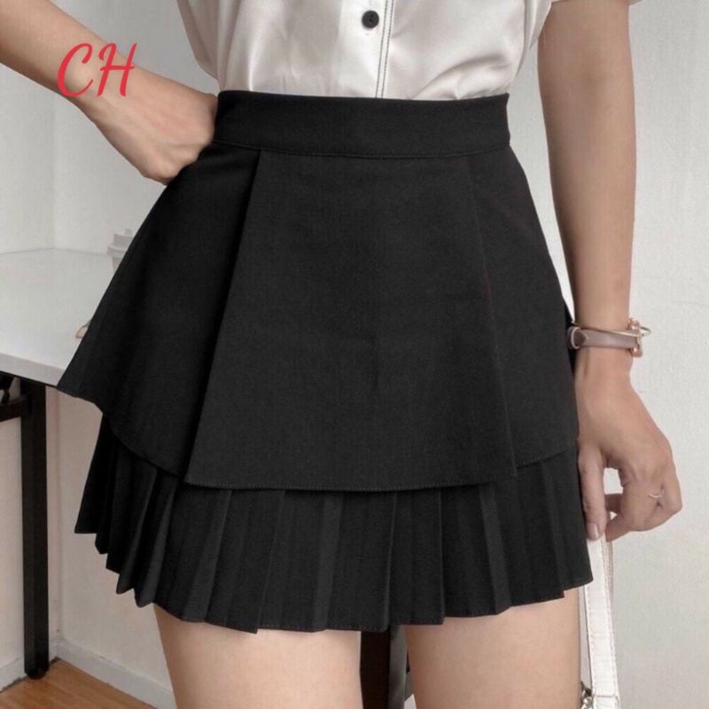 Chân Váy Đen Dáng Xòe 2 Tầng Dập Ly trongĐầm dáng ngắn Midi2 lớp có quần trong vintage