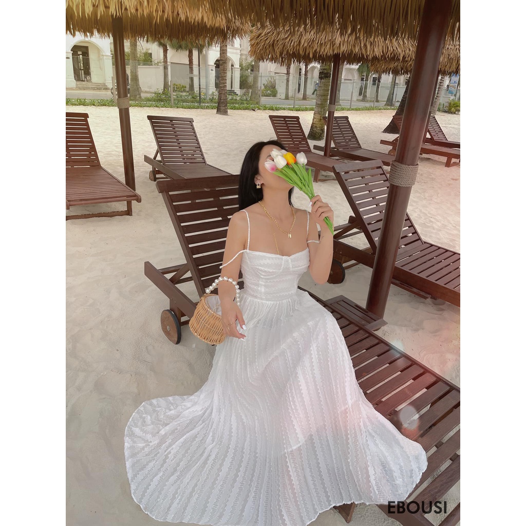 Đầm Maxi 2 Dây Dáng Xòe Dập Ly Cúp Ngực Bo Eo Có Mút Ngực + Lót - 2 Màu Trắng, Nude - Vải Ren - Mã Hàng ECH105