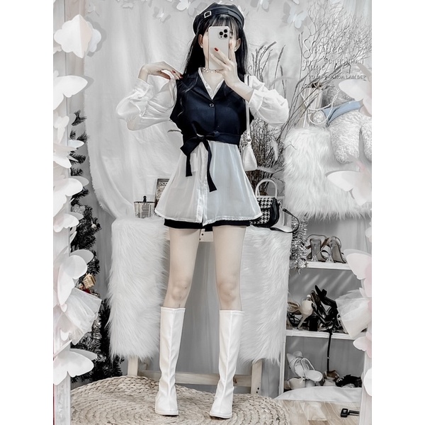 Set áo vest cột eo 3 món y hình