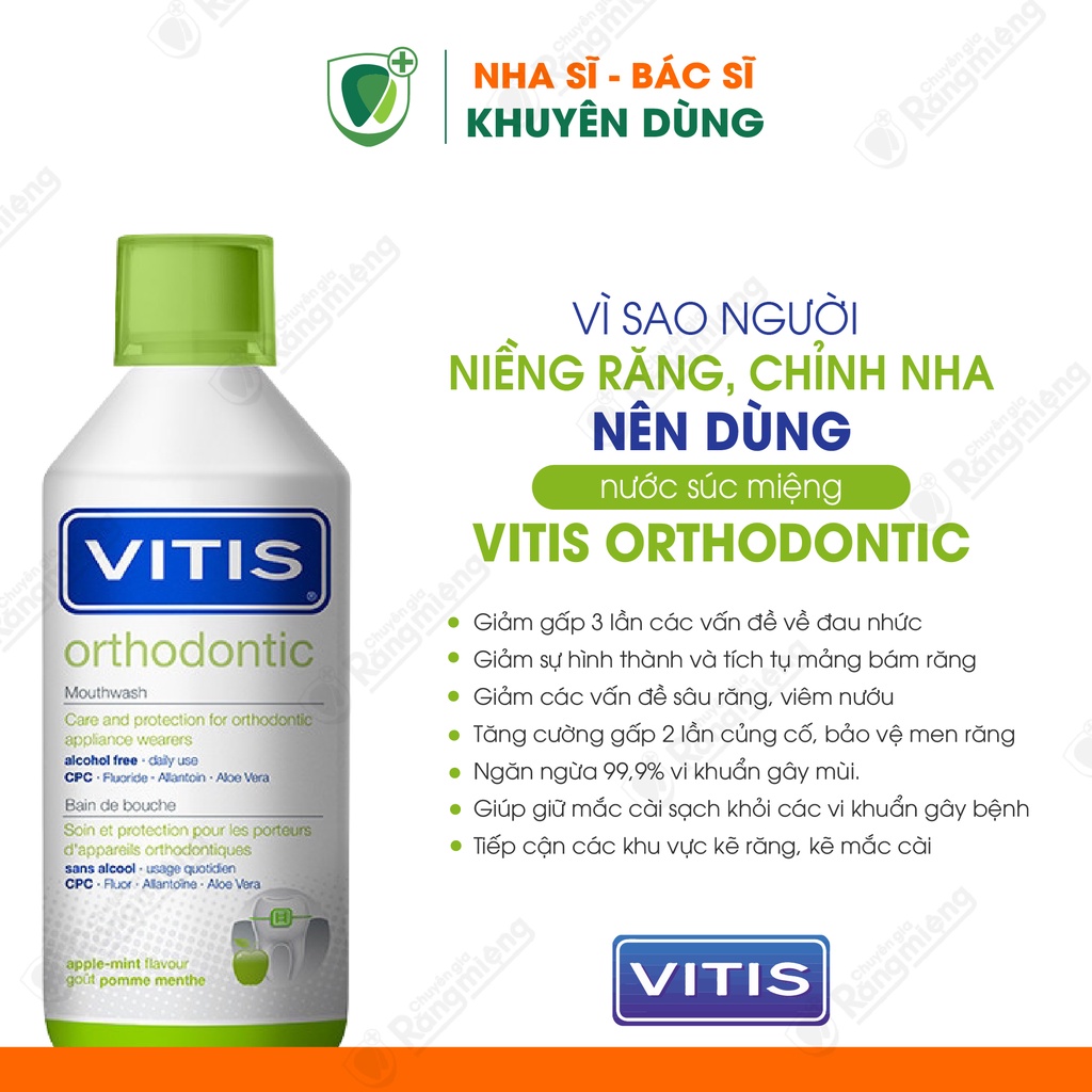 Nước súc miệng VITIS Orthodontic cho Răng niềng, Chỉnh nha, Sạch kẽ mắc cài, Ngừa mảng bám, Chai lớn 500ml