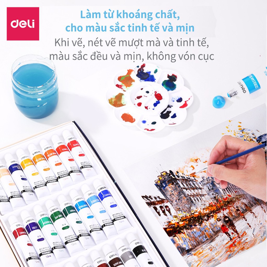 Màu nước Acrylic dạng tuýp vẽ vải vẽ giấy vẽ giày chuyên nghiệp Deli - 12ml/tuýp - 12/18/24 màu - 73856/3857/73858