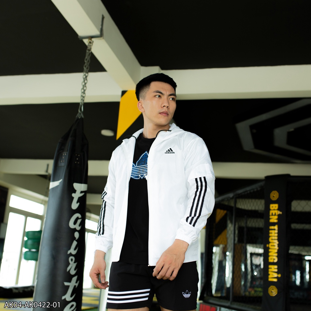 Áo khoác có mũ Adidas vải gió 2 lớp phối viền vai AK04 - áo khoác nam VNXK