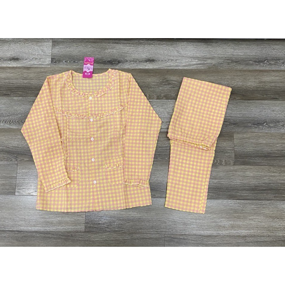 Bộ dài bầu sau sinh thô kẻ cúc giữa free size 45-55kg