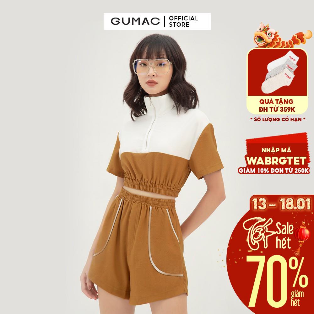 [Mã WABRGUM giảm 10% tối đa 30K đơn 99K] Áo thun croptop nữ tay ngắn phối dây kéo GUMAC màu nâu, đủ size AB319